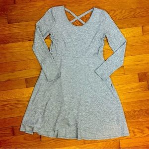 Long Sleeve Gray Asymmetrical Tulip Skirt Dress w/ Criss Cross Back